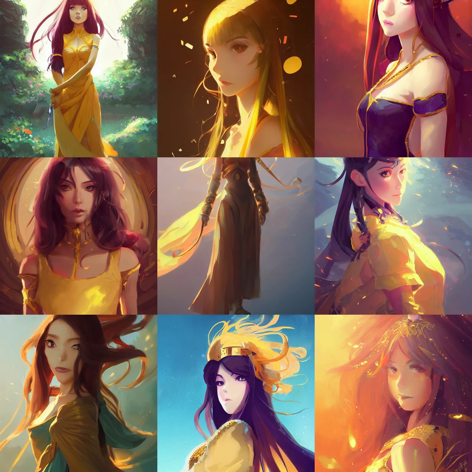 Prompt: portrait girl in luxurious golden dress holding a ceremonial sword, long curvy hair, colourful, pretty face, cute face, intimidating expression, red eyes, anime by greg rutkowski rossdraws makoto shinkai, adobe illustrator, trending on pixiv, behance