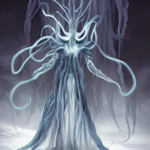 Image similar to concept designs for an ethereal ghostly wraith like figure made from wispy shadows with a squid like parasite latched onto its head and long tentacle arms that flow lazily but gracefully at its sides like a cloak while it floats around a frozen rocky tundra in the snow searching for lost souls and that hides amongst the shadows in the trees, this character has hydrokinesis and electrokinesis for the resident evil village video game franchise with inspiration from the franchise Bloodborne and the mind flayer from stranger things on netflix in the style of a marvel comic