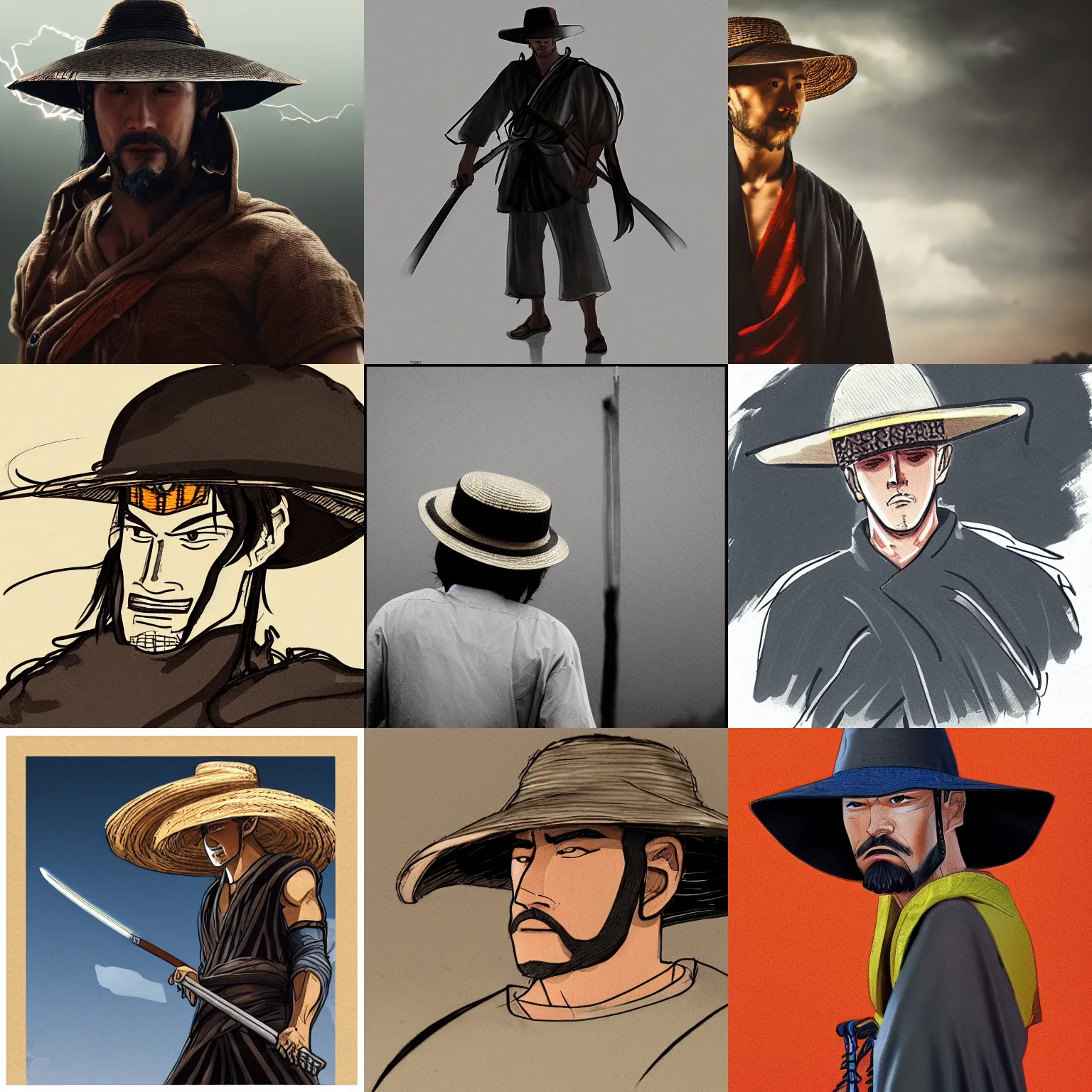 Prompt: straw hat ronin, moody cinematic lightning