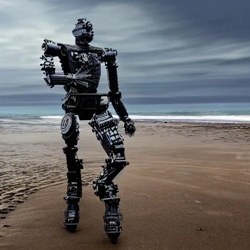 Image similar to bipedal humanoid robot invading omaha beach, hyper realistic, 4 k, highly ornate intricate details, sharp image, incredible detail,