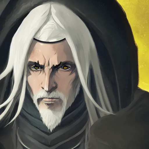 Prompt: a white haired man with yellow eyes, wearing a cultist robe, medieval background, highly detailed, digital painting, artstation, matte, by makoto shinkai, animation style, studio ghibli, anime key visual