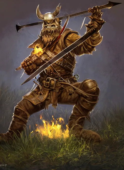 Image similar to photorealistic bugbear ranger holding sword on fire, magic, black beard, dungeons and dragons, pathfinder, roleplaying game art, hunters gear, jeweled ornate leather and steel armour, concept art, character design on white background, by sargent, norman rockwell, makoto shinkai, kim jung giu, artstation trending, poster art, colours red