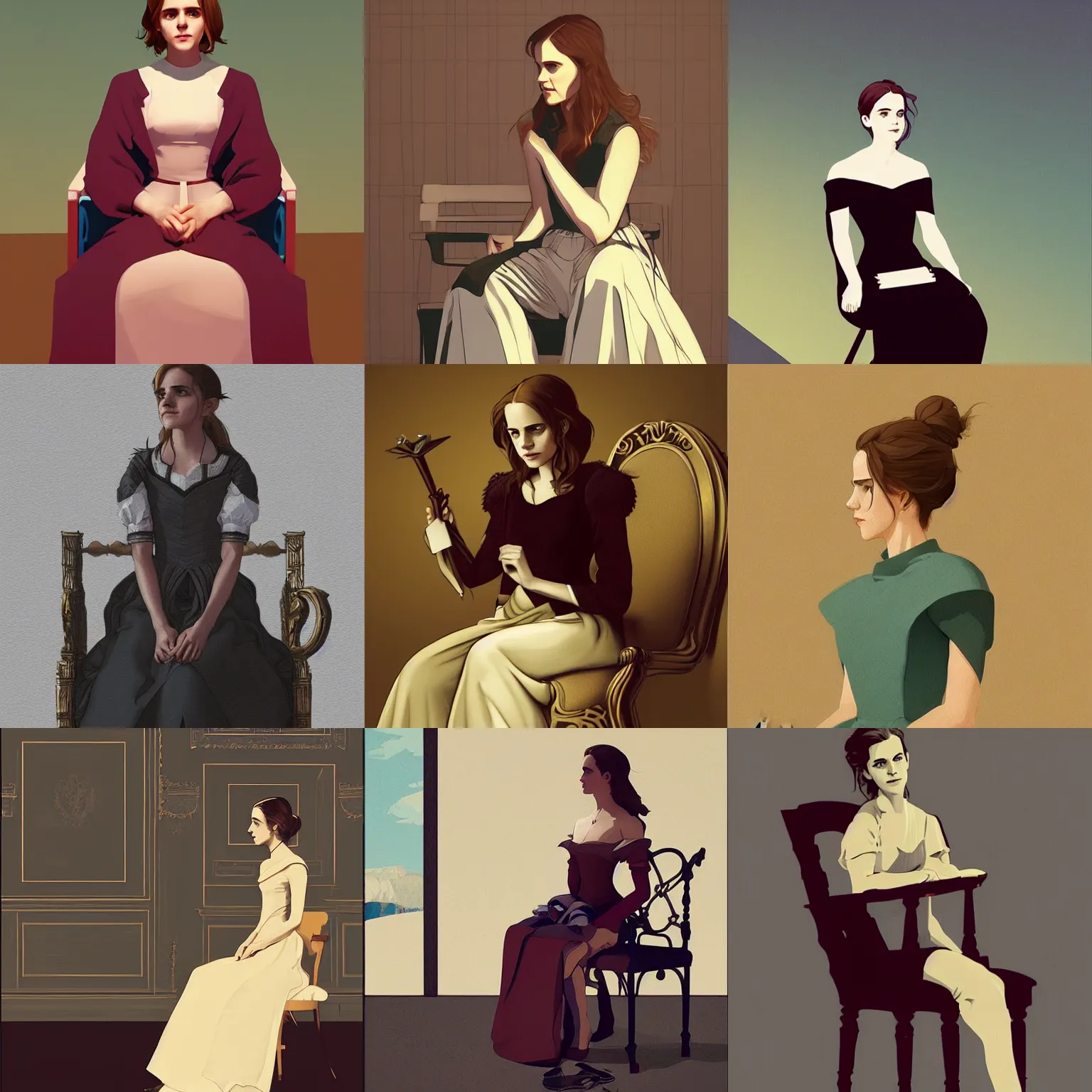 Prompt: Emma Watson sitting on throne vector art by moebius and atey ghailan by james gurney by vermeer by George Stubbs full body full body full body full body trending on artstation