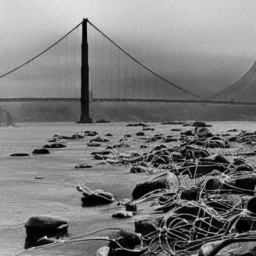 Prompt: 1 9 7 0 s, movie still frame, black and white, photorealistic highly detailed, 8 k, sit - com, body - horror, chtulhu emerges in san francisco bay, wires