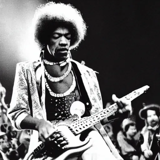 Image similar to Jimi Hendrix playing a hotdog-guitar on stage at the Budokan