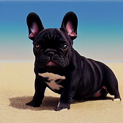 Image similar to black french bulldog in the beach, studio ghibli