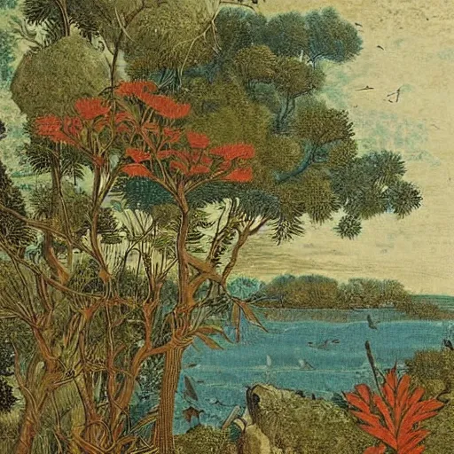 Image similar to A beautiful digital art of a bird in its natural habitat. The bird is shown in great detail, with its colorful plumage and intricate patterns. The background is a simple but detailed landscape, with trees, bushes, and a river. in Indonesia, voynich manuscript by William Henry Hunt turbulent, ornate