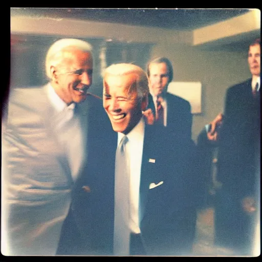 Prompt: polaroid image of joe biden chasing after a man.