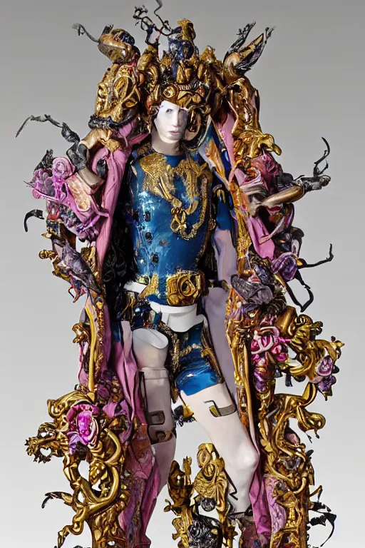 Image similar to full-body bladerunner style sculpture of a young handsome Colombian prince as a half cibernetic android with a chest opening exposing circuitry and electric sparks, glowing pink eyes, crown of blue flowers, flowing salmon-colored silk, fabric, raptors. baroque elements. full-length view. baroque element. intricate artwork by caravaggio. many many birds birds on background. Trending on artstation, octane render, cinematic lighting from the right, hyper realism, octane render, 8k, depth of field, 3D