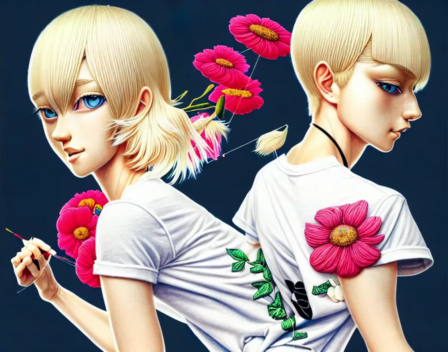 Image similar to richly detailed colored pencil 3D illustration of a beautiful French woman with short bleached blonde hair wearing a long Tshirt and black shorts that is sewing thread drawings of flowers into her thigh. mirrored background with completely rendered reflections, art by Range Murata and Artgerm.