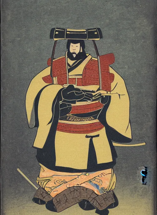 Prompt: portrait of a very very rotund samurai holding a pistol