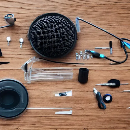 Image similar to a microphone taken apart and all its parts laid out neatly on a table