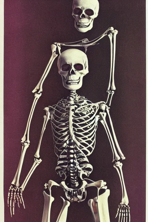 Image similar to 1970 book cover, cyborg skeleton, anaglyph,