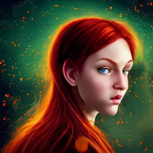 Image similar to sharp, intricate fine details, breathtaking, digital art portrait of a red haired girl with green eyes in a dreamy, mesmerizing scenery with fireflies