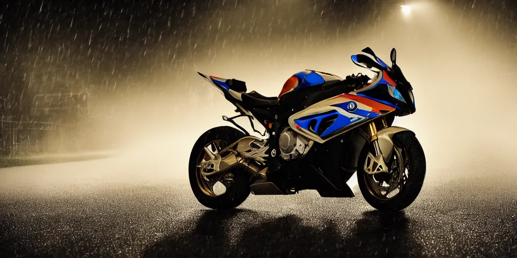 Image similar to parked BMW S1000rr motorcycle, fog, rain, volumetric lighting, beautiful, golden hour, sharp focus, highly detailed, cgsociety