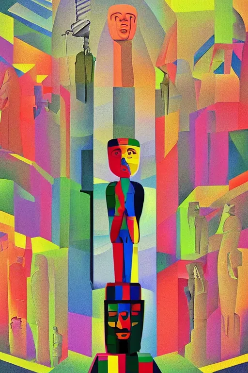 Image similar to cubist moai statue cutout digital illustration cartoon colorful beeple