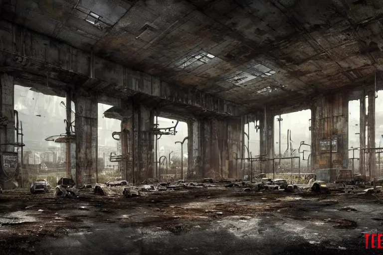 Image similar to the last sanctuary - post apocalyptic refuge, sci - fi fantasy architecture, a former factory transformed into a fortress, surrounded by walls and littered with rust and decay, large angles for big views, tubes, barrels, towers, tires, cages, damaged cars and buses, containers, chairs, scaffolds, unreal engine, cinema 4 d hdr 3 d render, trending on artstation