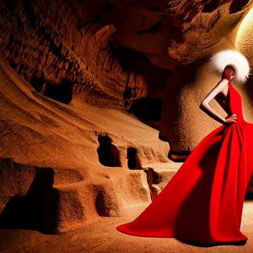 Image similar to female fashion model in year 3000 in a cave, model wearing a surreal Avant-garde helmet in red, dramatic lighting,photography , official Versace editorial , highly detailed