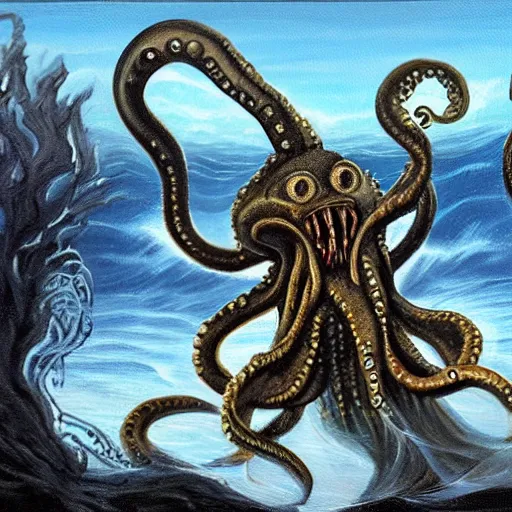 Image similar to A painting of a terrifying kraken emerging at a fantasy port, in the style of Arcane, show-accurate