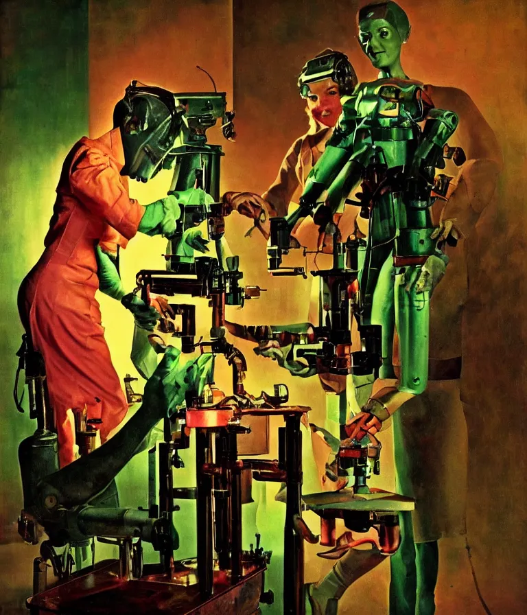 Image similar to a female mad scientist building a humanoid robot man, in a darkly lit laboratory room, 1 9 5 0 s horror film movie poster style, ( norman rockwell oil painting ), medium shot, close - up shot, retro science fiction, vintage, saturated pink and green lighting, shadowy lighting, cohesive