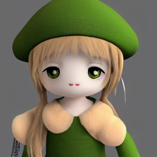 Prompt: cute fumo plush of a girl with a green cap, vray