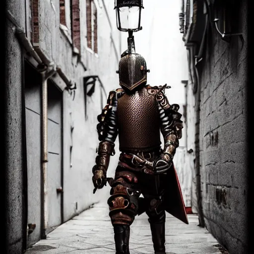 Prompt: a steampunk knight walking down an alley