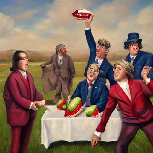 Image similar to A hyper realistic painting of old times politicians with wigs, playing American football with a watermelon on a golf course. Award winning, 4K