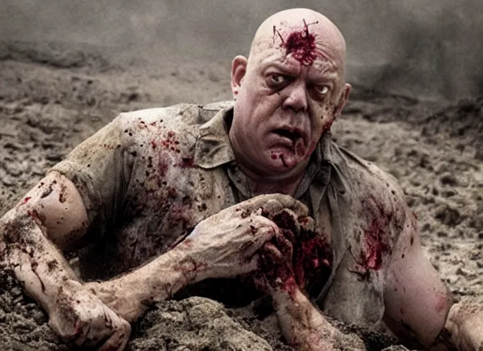 Image similar to zombie hank schrader emerging from a grave, movie still