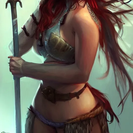 Image similar to very beautiful female barbarian, smiling, flirty, eye contact, perfect face, perfect body, drawn by charlie bowater