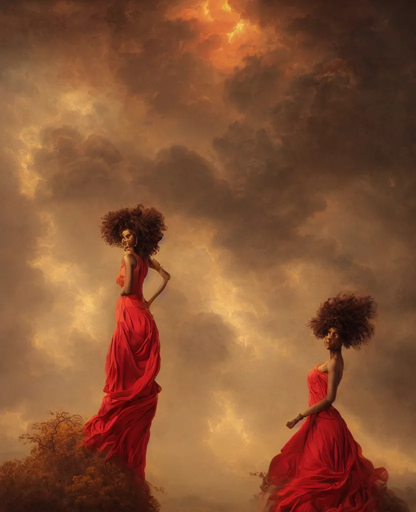 Prompt: a brown skinned queen with long dark curly hair and a red dress, windy, golden details, stars, stoic, modern, shes alone, maximalist fashion dress, hyperdetailed, dramatic, epic painting, painted by jean honore fragonard and greg rutkowski, full body, octane render, sharpness, 8 k, golden ratio