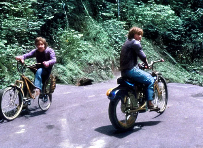 Image similar to film still of thanos riding a small childrens bike down a steep mountain road in the goonies 1 9 8 5