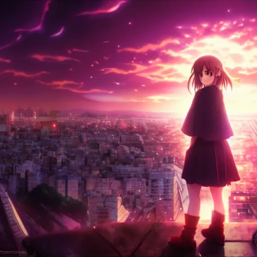 Image similar to portrait emma watson in heavens feel movie, tokyo, ufotable, key visual, cinematic, city background, night time, rooftop, fate stay night, unlimited blade works, greg rutkowski, high resolution, street clothes, anime, high budget