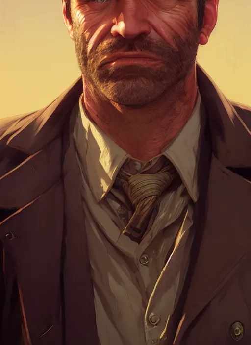 Image similar to highly detailed portrait of rugged private detective in gta v, stephen bliss, unreal engine, fantasy art by greg rutkowski, loish, rhads, ferdinand knab, makoto shinkai and lois van baarle, artgerm, pixar, ilya kuvshinov, rossdraws, tom bagshaw, global illumination, radiant light, detailed and intricate environment