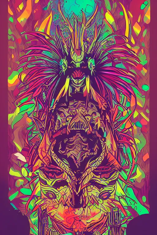 Image similar to totem animal mask tribal feather gemstone plant wood rock shaman vodoo video game vector illustration vivid multicolor borderlands comics by josan gonzales and dan mumford radiating a glowing aura