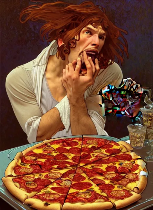 Prompt: unlucky man trips and looks in terror as he drops all the pizza on the floor, the pizza falls to the floor slice by slice, tragedy, intricate, elegant, highly detailed, lighting, painting, artstation, smooth, illustration, art by greg rutowski and alphonse mucha