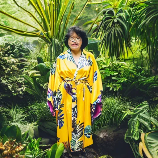 Image similar to medium photo portrait of a woman wearing a yellow kimono in a tropical greenhouse