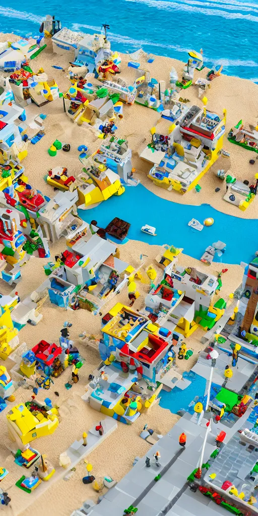 Image similar to Tel-Aviv beach, the buildings are Lego, the sand is yellow M&Ms, the sea is glitter, high-detaild, unreal engine 5, 4K UHD image