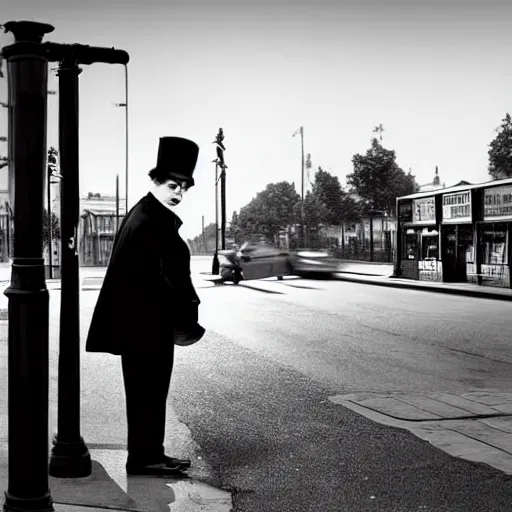 Image similar to charlie chaplin at a bus stop, black and white color aesthetic, highly detailed, photorealistic portrait, bright studio setting, studio lighting, crisp quality and light reflections, unreal engine 5 quality render