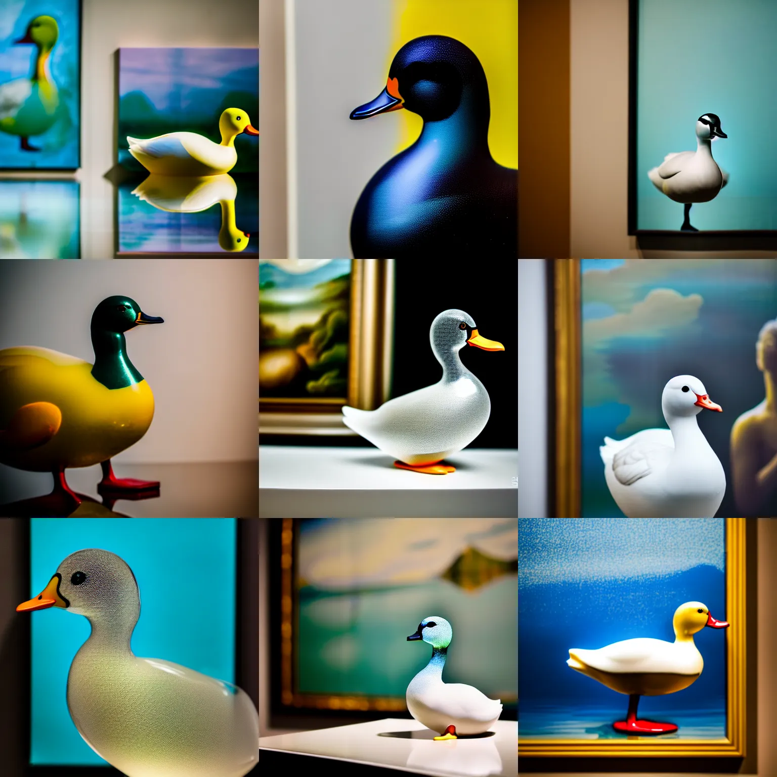 Prompt: a close up photo of a [ transparent glass duck in front of a painting ], professional photography, sigma 8 5 mm f / 8