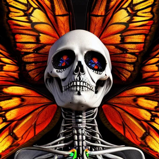 Image similar to a portrait of a skelton with moth wings, highly detailed, digital photo, hdri, by christopher bretz and john carpenter, vivid colors, high contrast, 8 k resolution, intricate, photorealistic, smooth, psychedelic color scheme, concept art, award winning, cg society contest winner