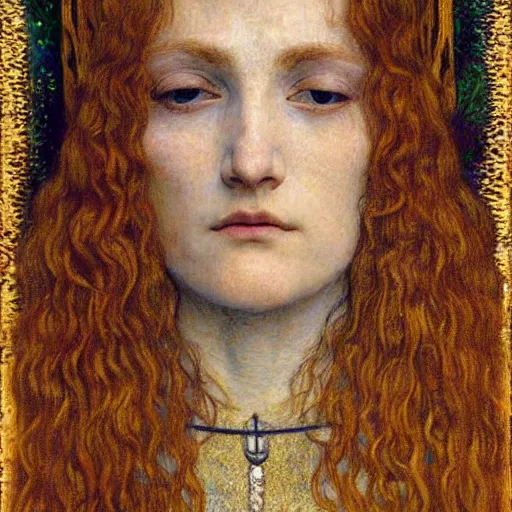 Prompt: detailed realistic beautiful young medieval queen face portrait by jean delville, gustav klimt and vincent van gogh, art nouveau, symbolist, visionary, gothic, pre - raphaelite