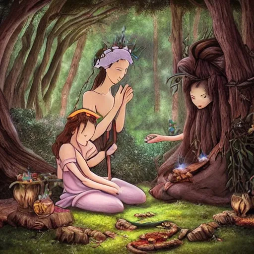 Prompt: “portrait of the goddess of love and her daughter making a ritual sacrifice in a magical forest, ghibli, detailed, sharp focus, digital art, detailed face”