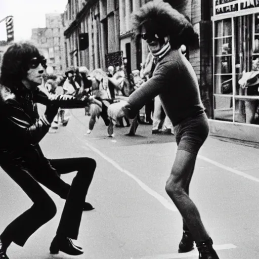 Prompt: Mick Jagger fighting Elton John in the street. 1978. Still from CNN broadcast news