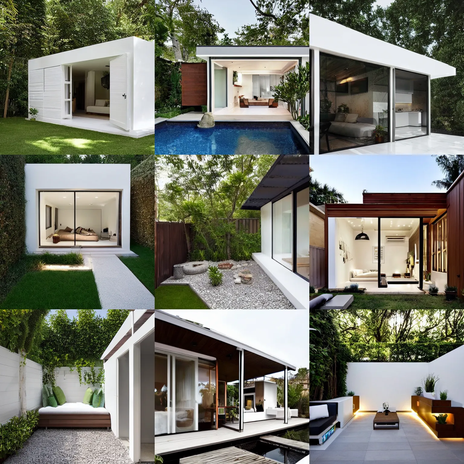 Prompt: luxury small backyard walls at the sides, modern hut at the back all white