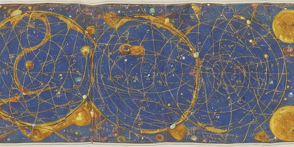 Image similar to ancient cosmic map of the various holes in the universe where time travelers can sneak through the fabric of space time. deep dark blue with colorful planets and constellations and radiating gold lines and circles, with intricate border. latin notations everywhere. map has been folded and dirtied many times over the centuries