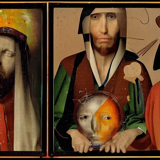 Prompt: three electronic musicians painted in the style of Hieronymus Bosch