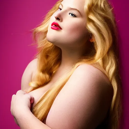 Prompt: a curvy, radiant, bubbly, 2 5 - year - old canadian plus - size model, long strawberry - blond hair, creamy skin, portrait, 8 5 mm canon f 1. 2 lens, inspired by rolf armstrong photography