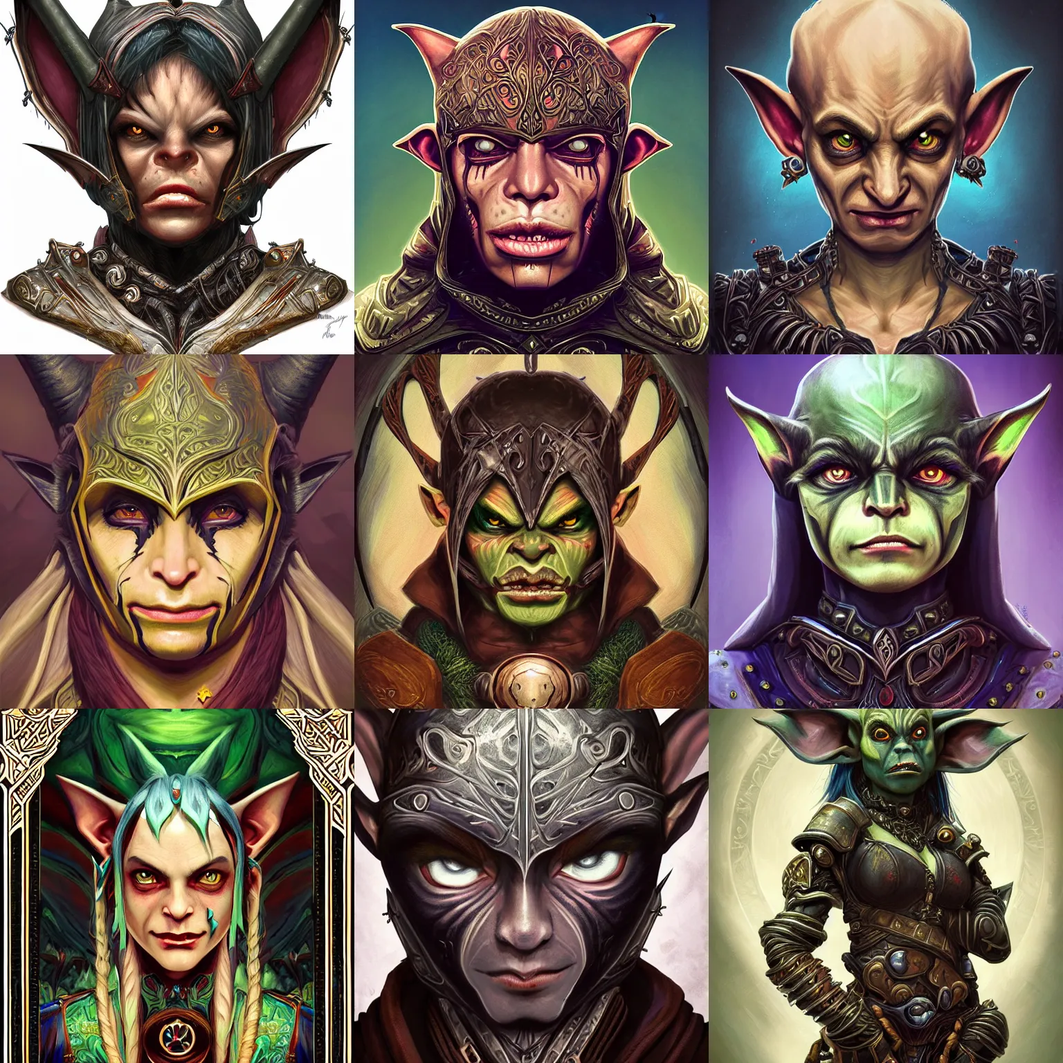 Prompt: head-on symmetrical centered painted portrait, World of Warcraft goblin assassin, black leather armour, art nouveau, tarot card style, complex tarot card background, fantasy, intricate, elegant, highly detailed, smooth, sharp focus, illustration, artstation, in the style of Artgerm and Anna Podedworna and Alex Ross and Mucha