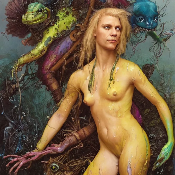 Prompt: a portrait photograph of claire danes as a brightly colored harpy amphibian hybrid with wet mutated skin. wearing a translucent organic catsuit. by tom bagshaw, donato giancola, hans holbein, walton ford, gaston bussiere, brian froud, peter mohrbacher and magali villeneuve. 8 k, cgsociety