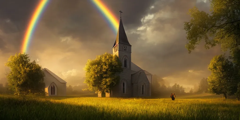 Prompt: idyllic church chapel with a steeple in a lush countryside meadow forest, rainbow across the sky, ethereal, golden swirling dust, iridescent, atmospheric, volumetric, cinematic, light breaking through clouds, greg rutkowski, wlop, otherworldly, glowing, trending on artstation, 8 k, unreal engine